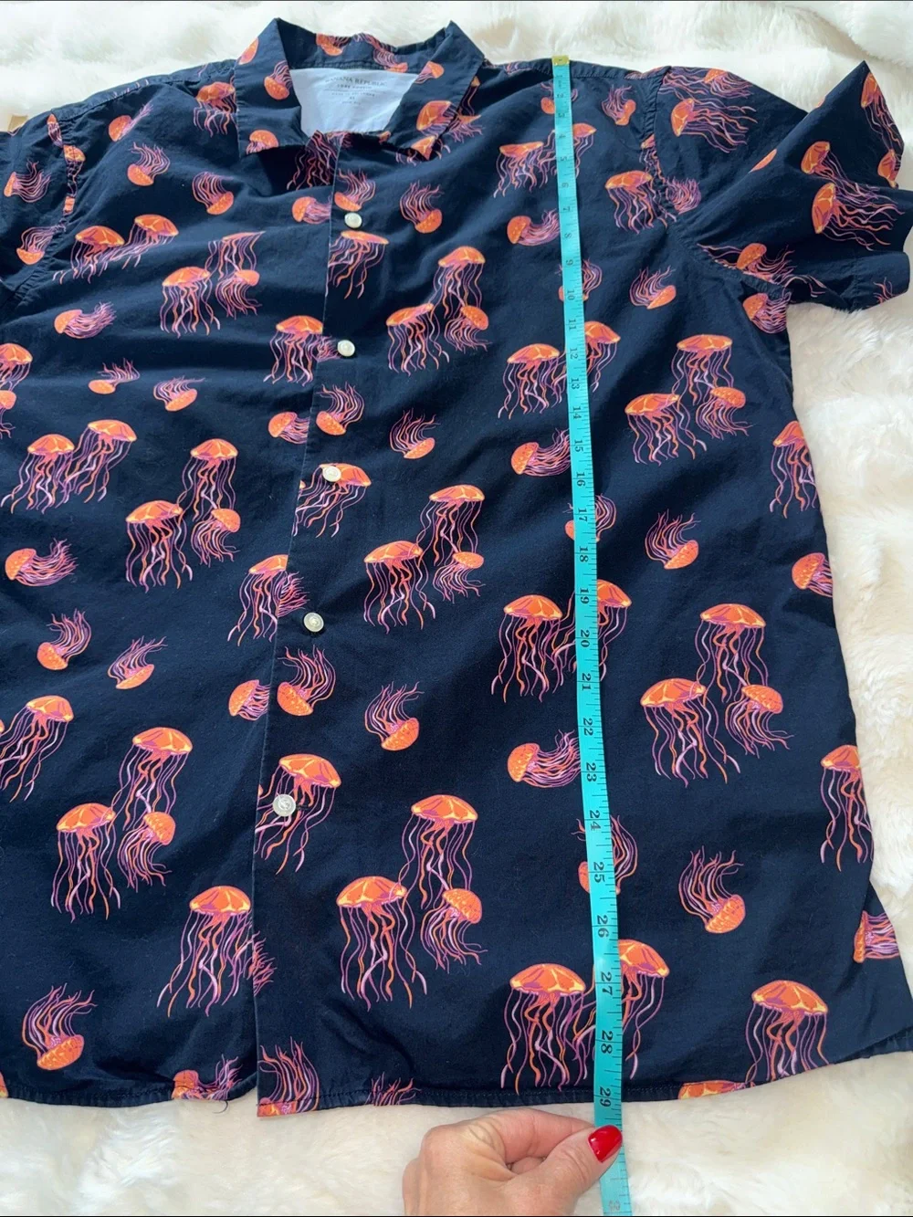 Banana Republic Navy Short-Sleeve Button Down with Jellyfish Print XL